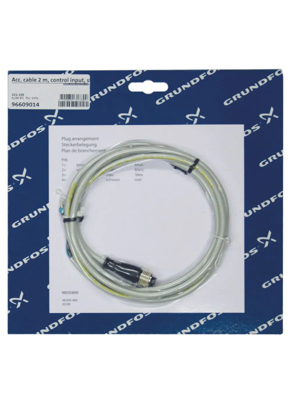 Steuerungskabel von Judo auf einer blauen Verpackung, umgeben von Informationen zur Steckbelegung und Anschlussdetails. Kabel mit mehreren farblich gekennzeichneten Drähten.